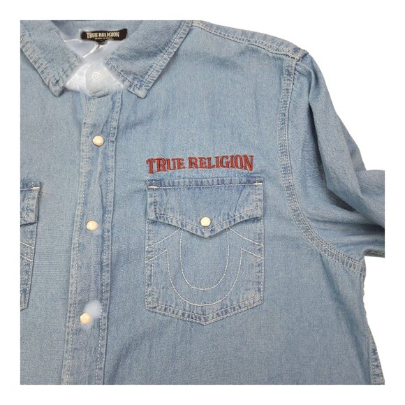 True Religion Light Blue Chambray Long Sleeve Shirt M Snaps Denim Chest Pockets - Picture 10 of 13